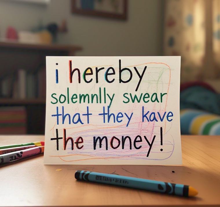 A handwritten crayon note on a desk that reads: i hereby solemnly swear that they have the money!